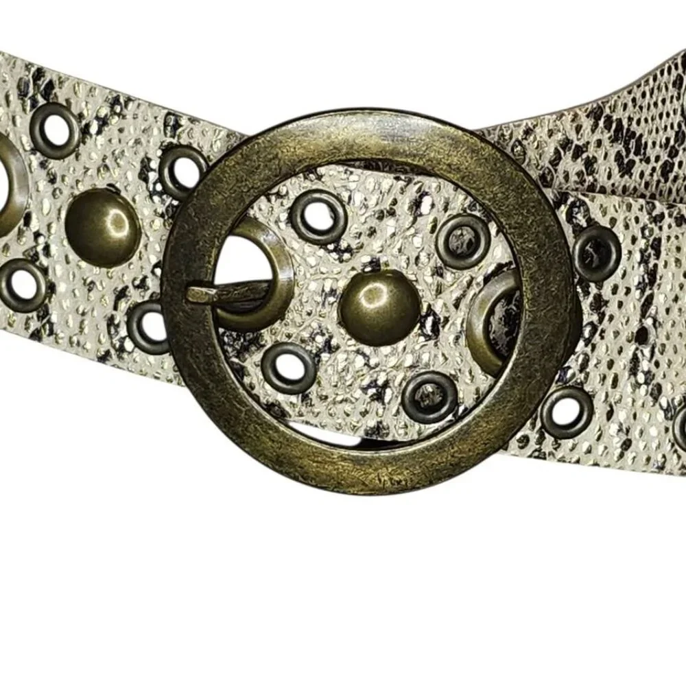 Streets Ahead Retro Wide Western Snakeskin Print Leather Belt with Brass Buckle - Picture 2 of 8